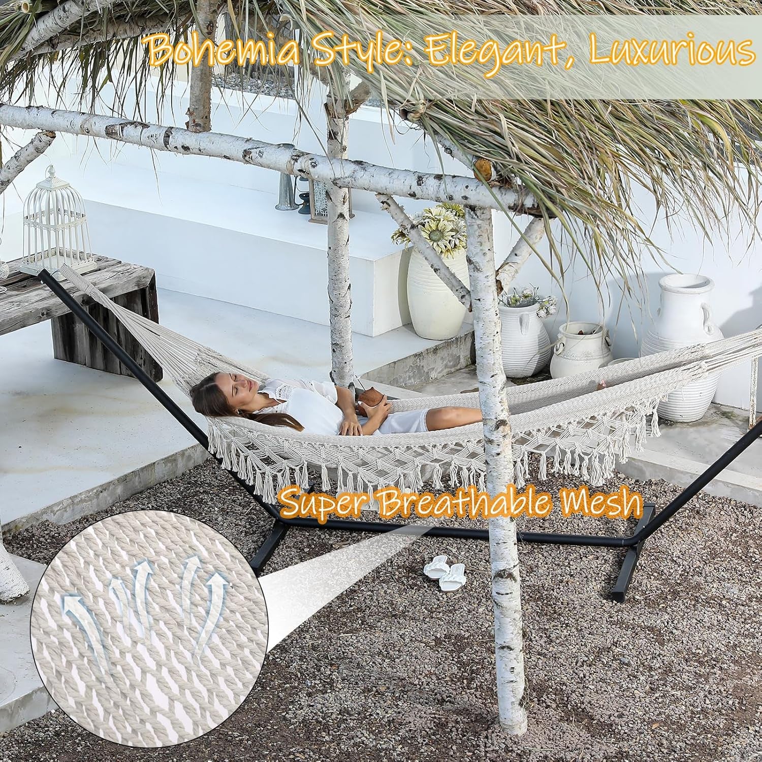 ZEAN Handwoven Hammock with Tassels by Thick Cotton Rope XL Two Person Hammock for outside Patio Backyard Garden Beach 550LB Capacity