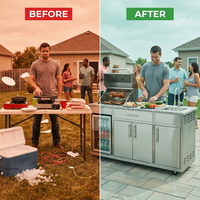 Modular Outdoor Kitchen BBQ Island, 104" Outdoor Kitchen Propane Gas Island Grill with Sink, Compact Refrigerator, Storage Cabinets, Rotisserie Kit (Silver, 104") — Before & After