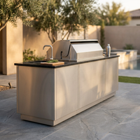 Modular Outdoor Kitchen BBQ Island, 104" Outdoor Kitchen Propane Gas Island Grill with Sink, Compact Refrigerator, Storage Cabinets, Rotisserie Kit (Silver, 104") — Studio Shot