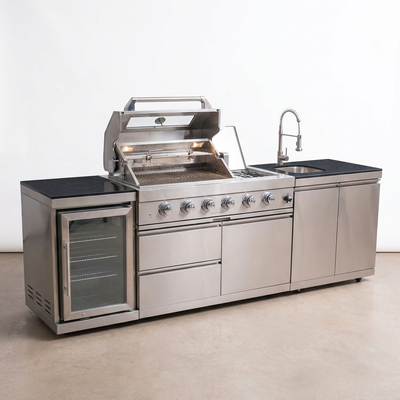 Outdoor Kitchen Island Built for Complete Backyard Cooking, 104" Modular Design, Gas Grill, Sink, Refrigerator