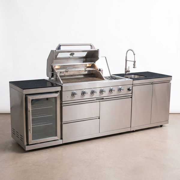 Modular Outdoor Kitchen BBQ Island, 104" Outdoor Kitchen Propane Gas Island Grill with Sink, Compact Refrigerator, Storage Cabinets, Rotisserie Kit (Silver, 104") — Studio Shot