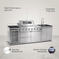 Modular Outdoor Kitchen BBQ Island, 104" Outdoor Kitchen Propane Gas Island Grill with Sink, Compact Refrigerator, Storage Cabinets, Rotisserie Kit (Silver, 104") — infographic
