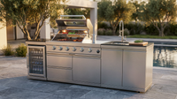 Modular Outdoor Kitchen BBQ Island, 104" Outdoor Kitchen Propane Gas Island Grill with Sink, Compact Refrigerator, Storage Cabinets, Rotisserie Kit (Silver, 104") — Lifestyle
