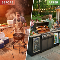 Outdoor Kitchen Island Black Stainless Steel with Sink & 46-Inch 4-Burner 72000 BTU Grill, Wine Cooler, Refrigerator, Rotisserie Kit & Granite Countertops — Before & After
