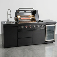 Outdoor Kitchen Island Black Stainless Steel with Sink & 46-Inch 4-Burner 72000 BTU Grill, Wine Cooler, Refrigerator, Rotisserie Kit & Granite Countertops — Studio Shot