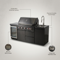 Outdoor Kitchen Island Built for Professional Backyard Cooking, 72000 BTU 4-Burner, Wine Cooler, Granite — infographic