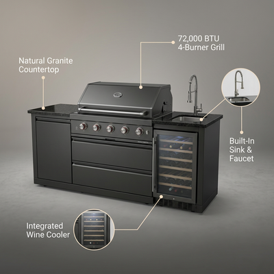 Outdoor Kitchen Island Built for Professional Backyard Cooking, 72000 BTU 4-Burner, Wine Cooler, Granite