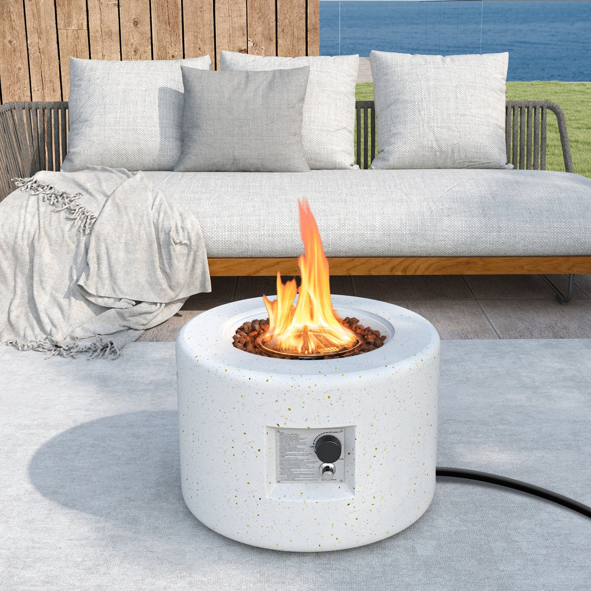 Round Terrazzo Propane Gas Fire Pit with Hideaway Tank Holder and Lava Rocks