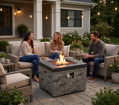 32-Inch Outdoor Fire Pit Table with Lava Rocks - Black Stone Look