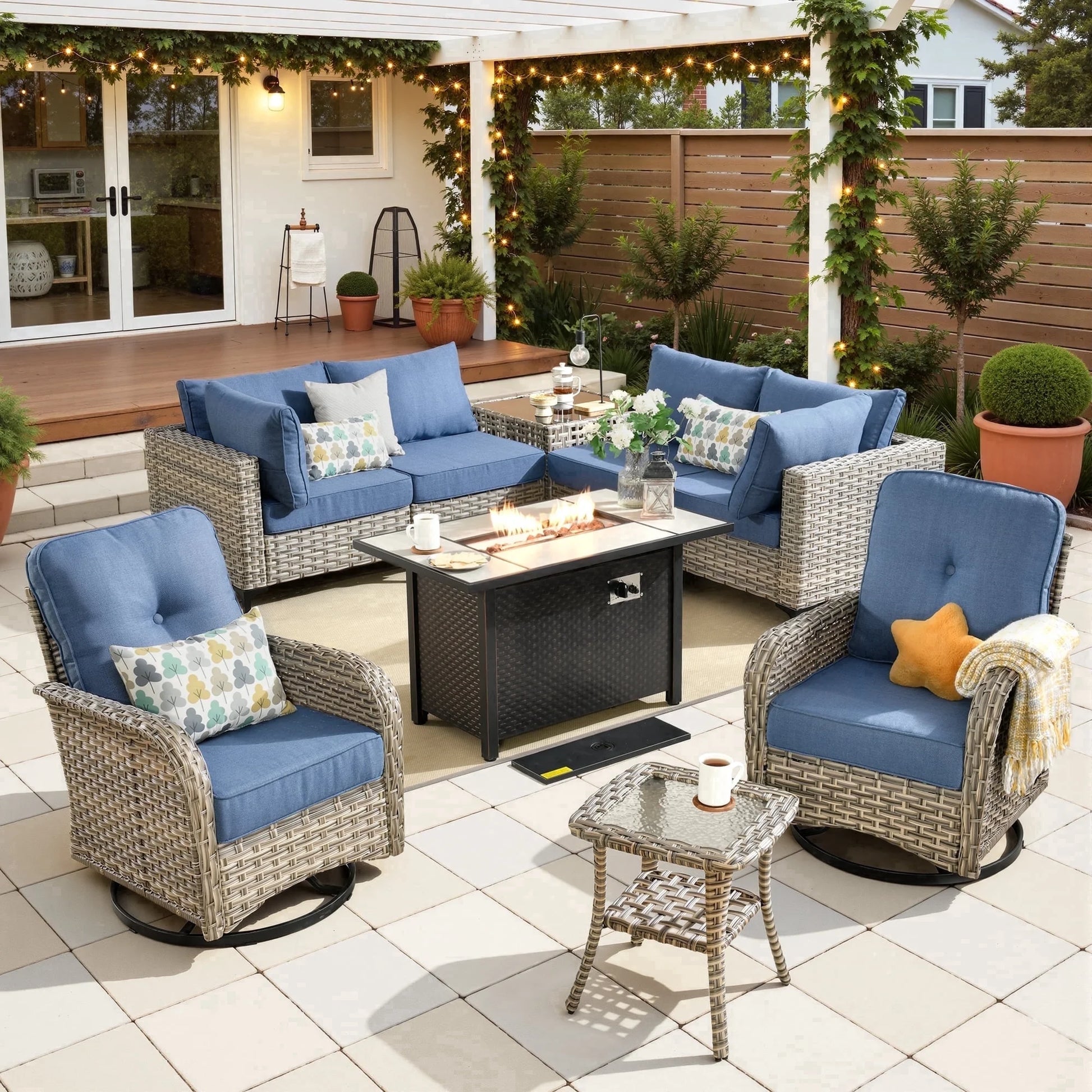 9 Pieces Patio Furniture Set All Weather Wicker Outdoor Conversation Set with 42" Fire Pit outside Furniture Patio Sofa with Swivel Chairs & Solar Table, Denim Blue