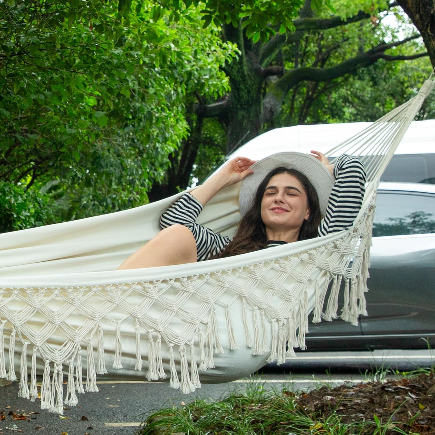 Double Boho Macrame Hammock Cotton Canvas Portable Replacement Hammock 440Lbs Load Capacity White