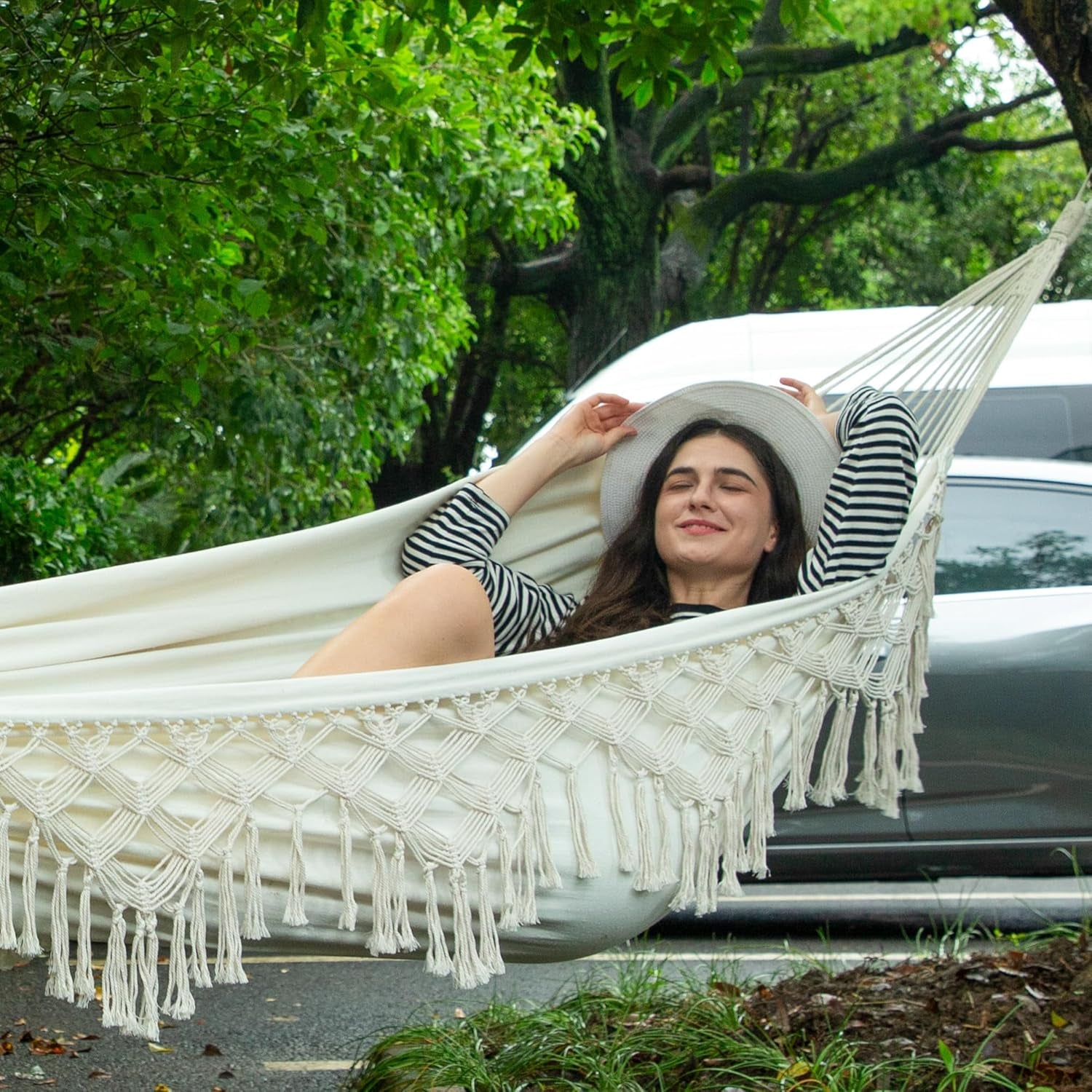 Double Boho Macrame Hammock Cotton Canvas Portable Replacement Hammock 440Lbs Load Capacity White