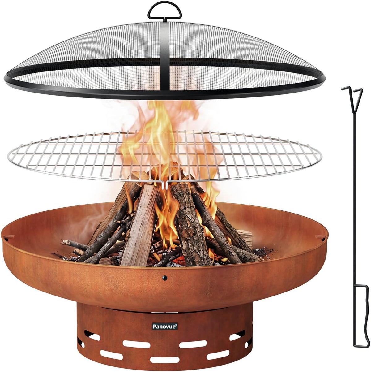 32 Inch Fire Pit with 2 Cooking Grills, Spark Screen and Poker
