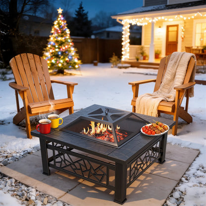 32" Fire Pit Table,  3-In-1 Outdoor Fire Pit with BBQ Grill, Mesh Lid & Cover, Modern Metal Square Wood Burning Fire Pit for Outside, Backyard, Patio & Camping