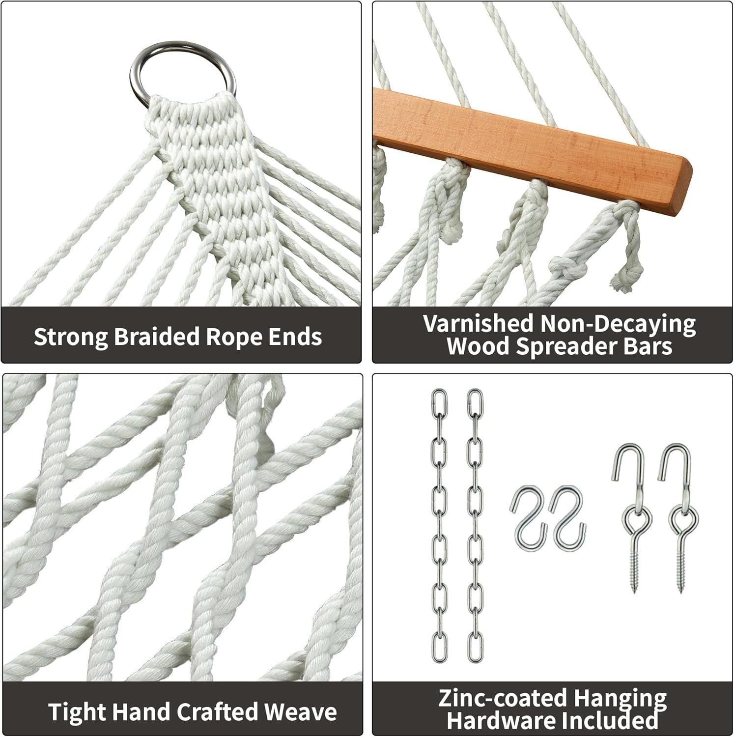 Traditional Rope Double Hammock - Hand Woven Polyester Hammock with Hardwood Spreader Bar 450Lb Capacity for Outdoor Indoor Patio Yard - White