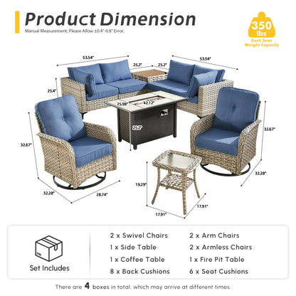 9 Pieces Patio Furniture Set All Weather Wicker Outdoor Conversation Set with 42" Fire Pit outside Furniture Patio Sofa with Swivel Chairs & Solar Table, Denim Blue