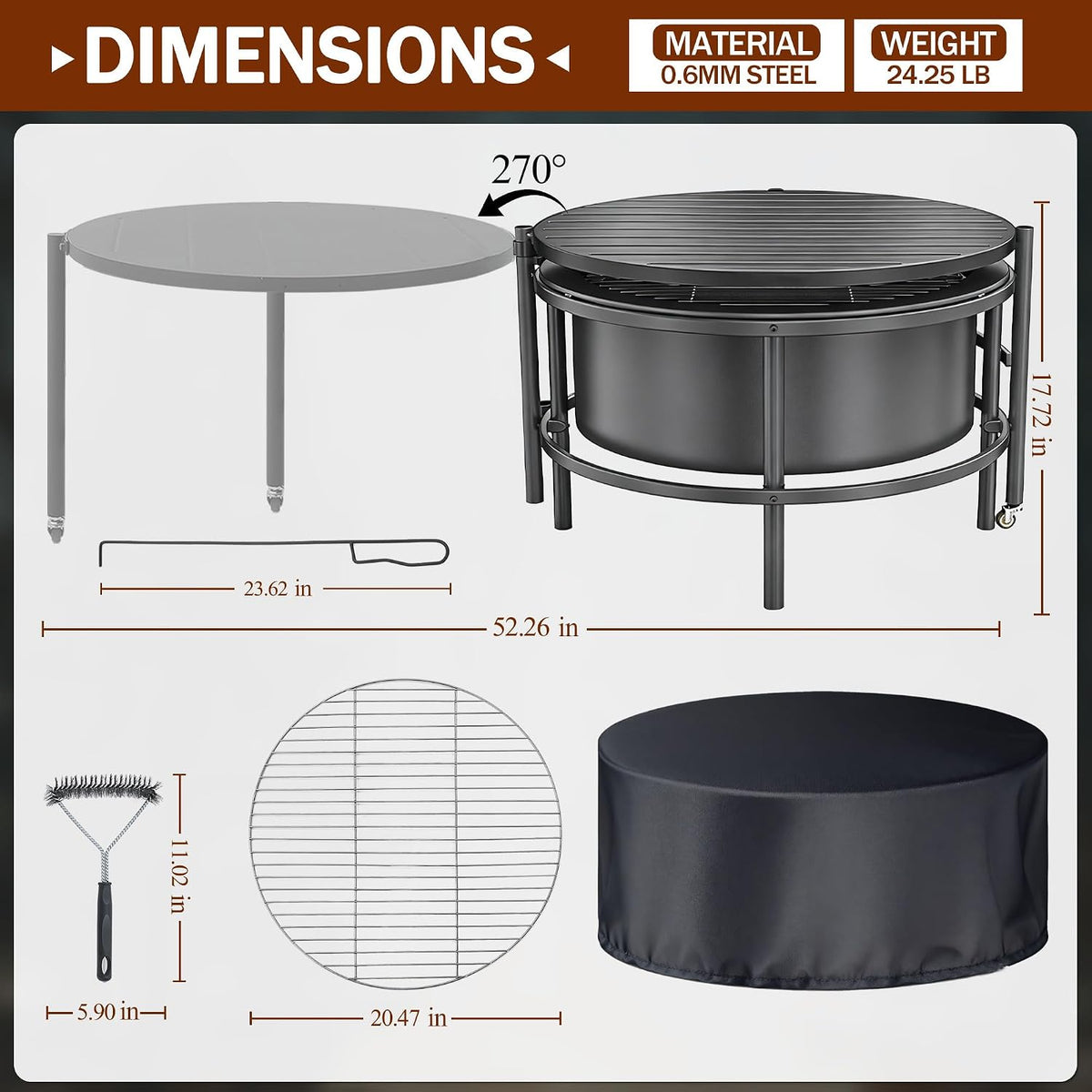 Large Outdoor Fire Pit with Poker, round Wood Burning Firepit Bowl