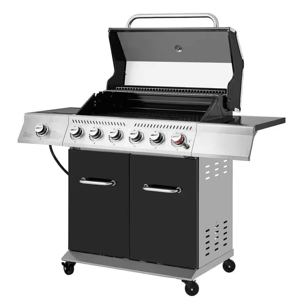6-Burner BBQ Liquid Propane Gas Grill with Sear Burner and Side Burner, 74,000 BTU, Cabinet Style Grill in Black
