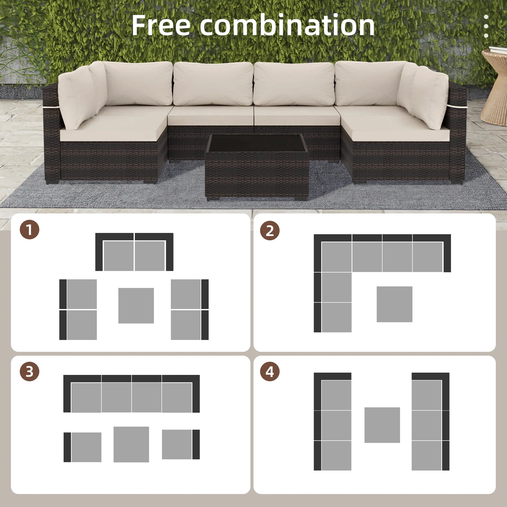 7 -Piece Wicker Patio Conversation Set with Beige Cushions