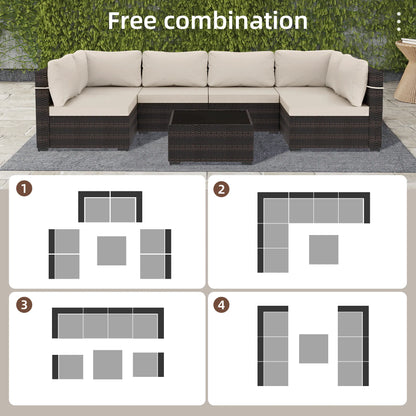 7 -Piece Wicker Patio Conversation Set with Beige Cushions