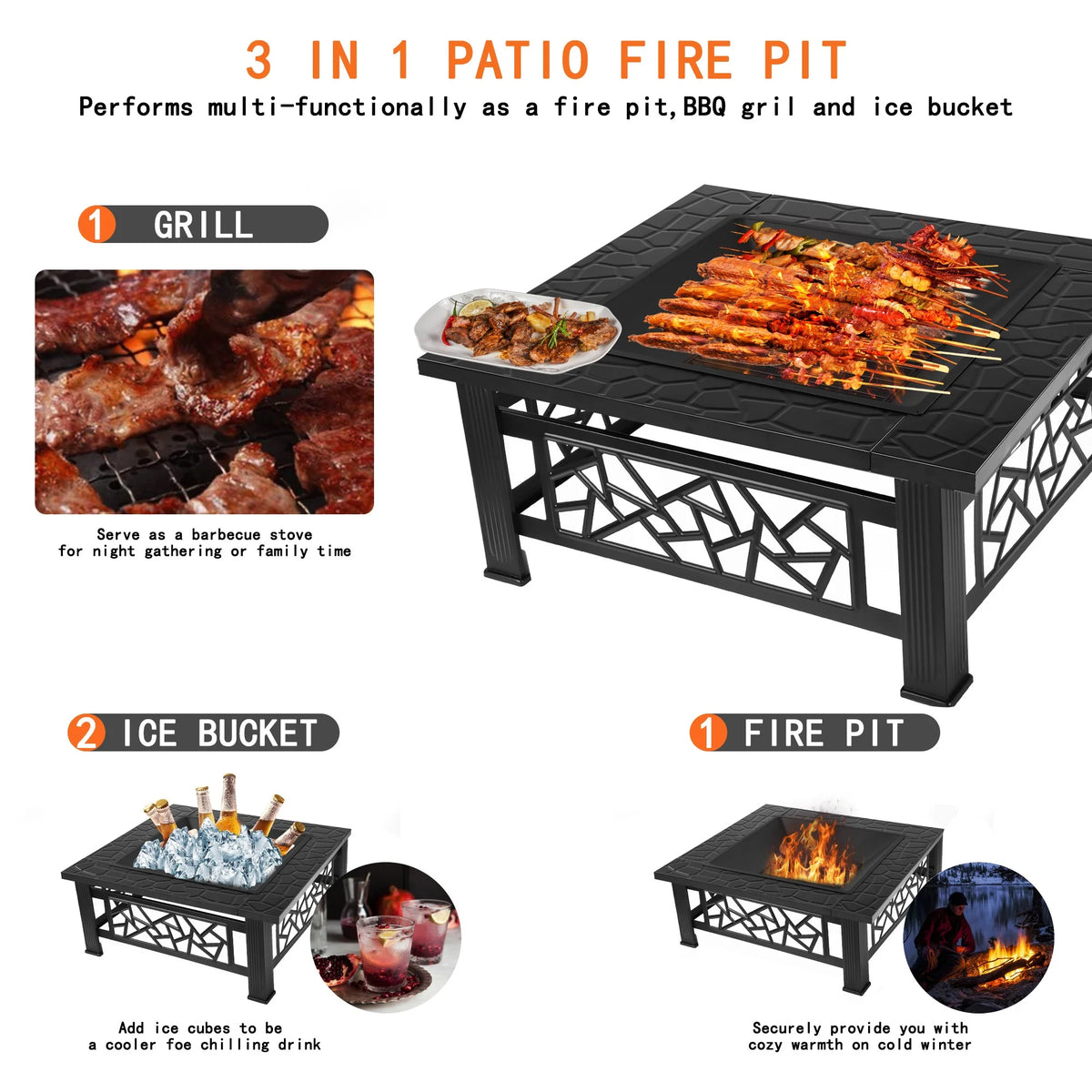 32" Fire Pit Table,  3-In-1 Outdoor Fire Pit with BBQ Grill, Mesh Lid & Cover, Modern Metal Square Wood Burning Fire Pit for Outside, Backyard, Patio & Camping