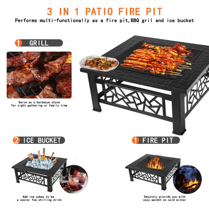 32" Fire Pit Table,  3-In-1 Outdoor Fire Pit with BBQ Grill, Mesh Lid & Cover, Modern Metal Square Wood Burning Fire Pit for Outside, Backyard, Patio & Camping