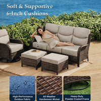 6 Pieces Luxury Outdoor Patio Furniture Sets Outdoor Conversation Sets with Swivel Rocker Patio Chairs with 6" Thick Cushion,Sofa and Glass Coffee Table for Porch Deck Backyard Poolside