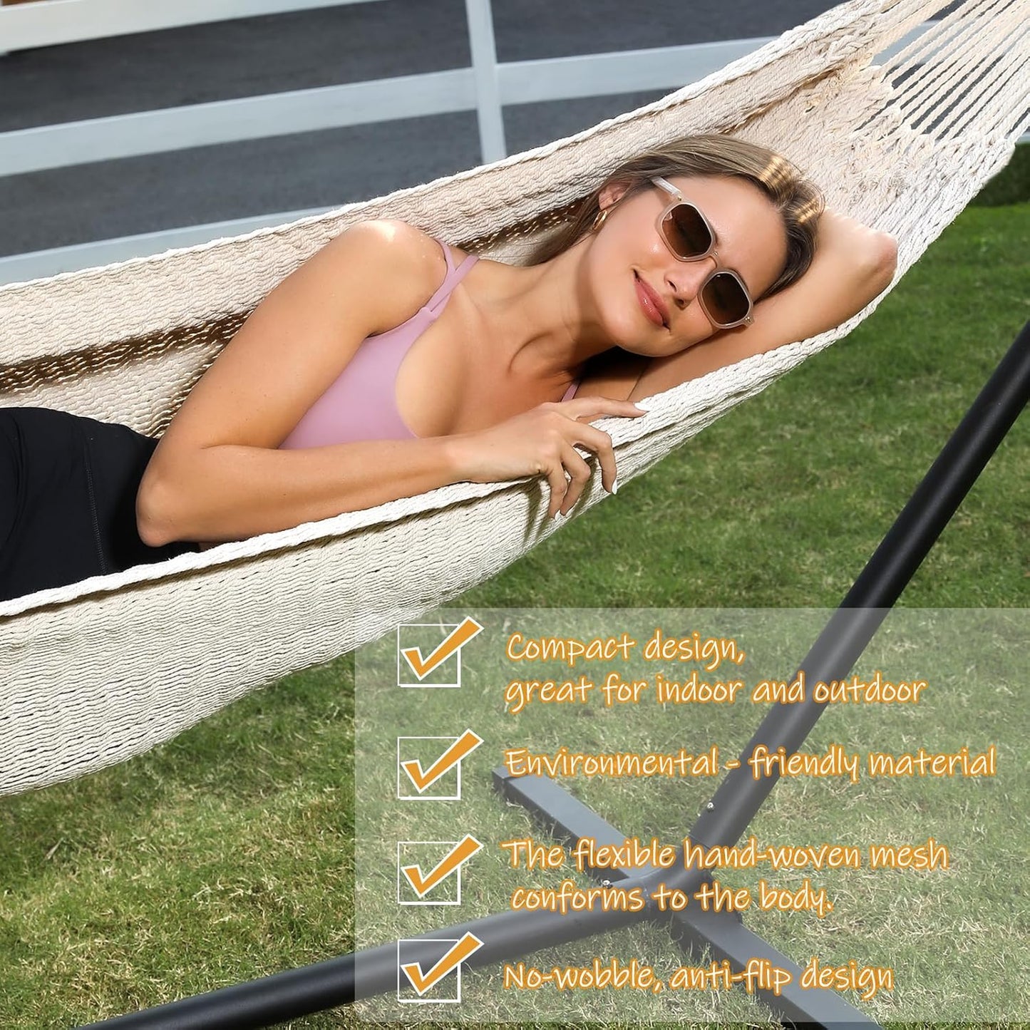 ZEAN Handwoven Hammock by Thick Cotton Rope XL Two Person Hammock for Outside, Patio Backyard Garden 550LB Capacity