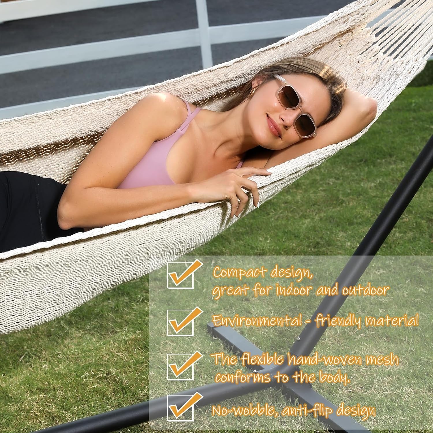 ZEAN Handwoven Hammock by Thick Cotton Rope XL Two Person Hammock for Outside, Patio Backyard Garden 550LB Capacity