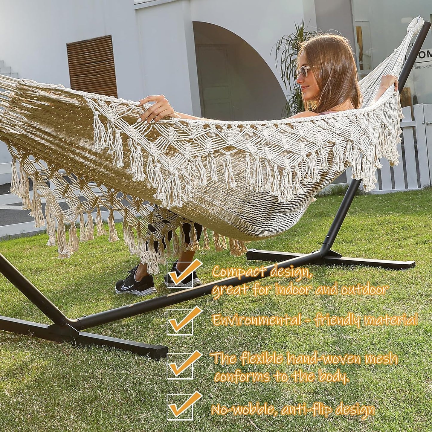 ZEAN Handwoven Hammock with Tassels by Thick Cotton Rope XL Two Person Hammock for outside Patio Backyard Garden Beach 550LB Capacity