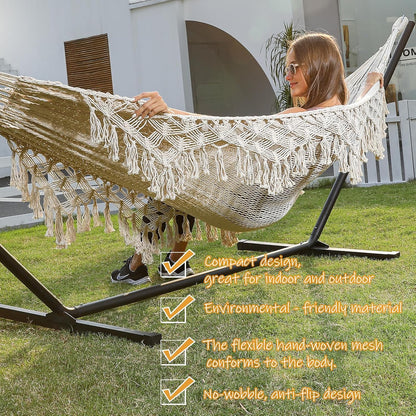 ZEAN Handwoven Hammock with Tassels by Thick Cotton Rope XL Two Person Hammock for outside Patio Backyard Garden Beach 550LB Capacity