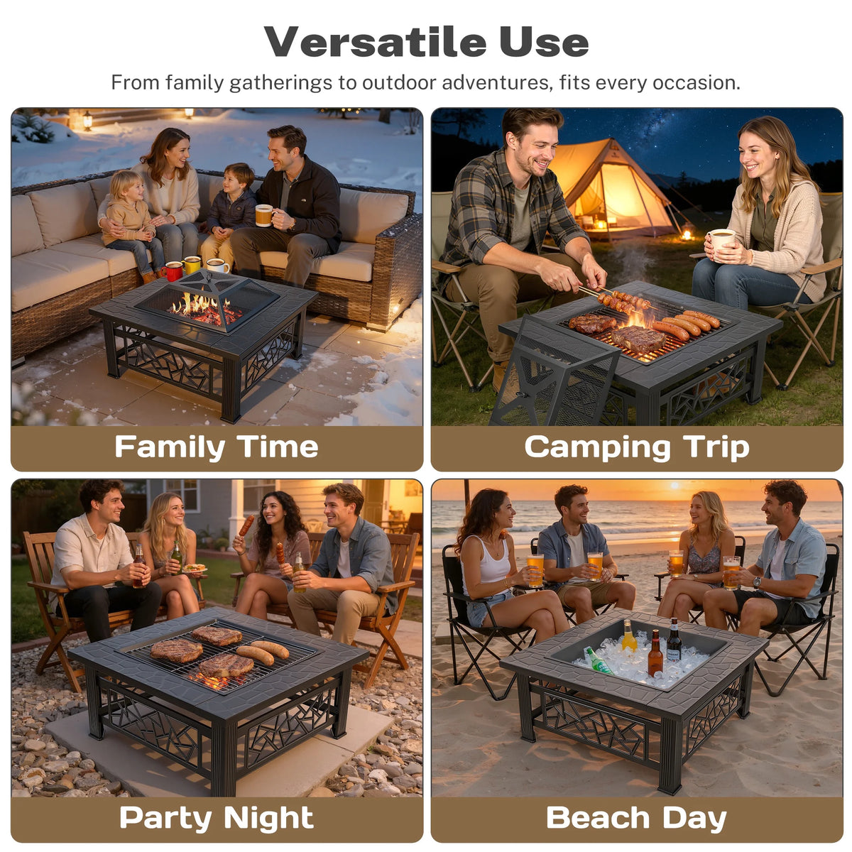 32" Fire Pit Table,  3-In-1 Outdoor Fire Pit with BBQ Grill, Mesh Lid & Cover, Modern Metal Square Wood Burning Fire Pit for Outside, Backyard, Patio & Camping