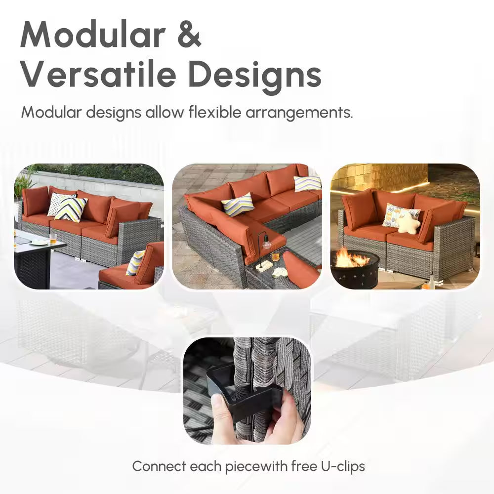 Messi Grey 10-Piece Wicker Patio Conversation Sofa Seating Set with Swivel Rocking Chairs and Orange Red Cushions