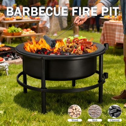 Large Outdoor Fire Pit with Poker, round Wood Burning Firepit Bowl