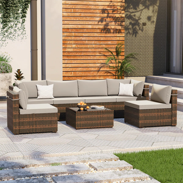 7 -Piece Wicker Patio Conversation Set with Beige Cushions