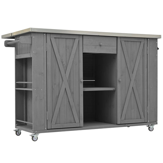Outdoor Kitchen Island Fir Wood Kitchen Island with Stainless Steel Top, Ample Storage, Towel and Spice Racks, Bottle Opener, Grey