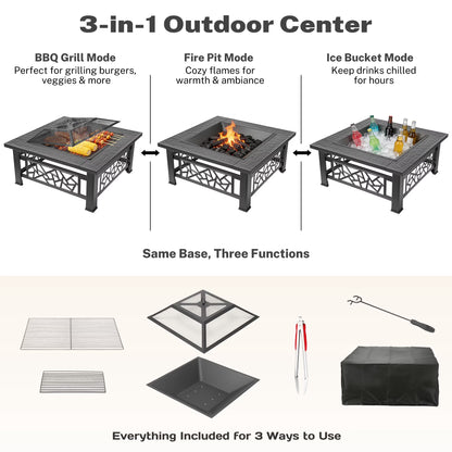 32" Fire Pit Table,  3-In-1 Outdoor Fire Pit with BBQ Grill, Mesh Lid & Cover, Modern Metal Square Wood Burning Fire Pit for Outside, Backyard, Patio & Camping