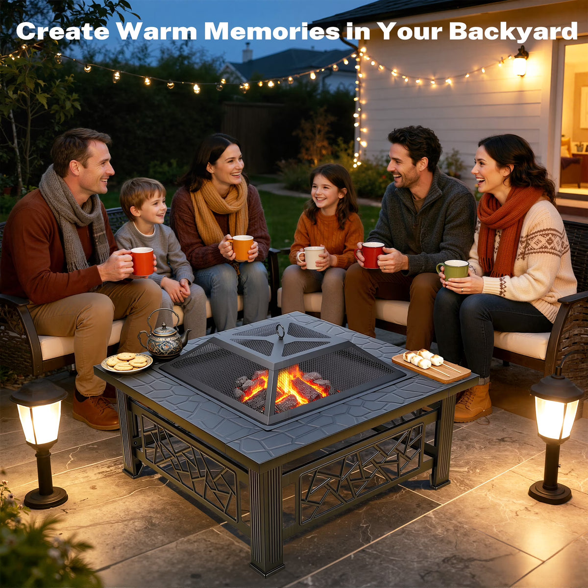 32" Fire Pit Table,  3-In-1 Outdoor Fire Pit with BBQ Grill, Mesh Lid & Cover, Modern Metal Square Wood Burning Fire Pit for Outside, Backyard, Patio & Camping