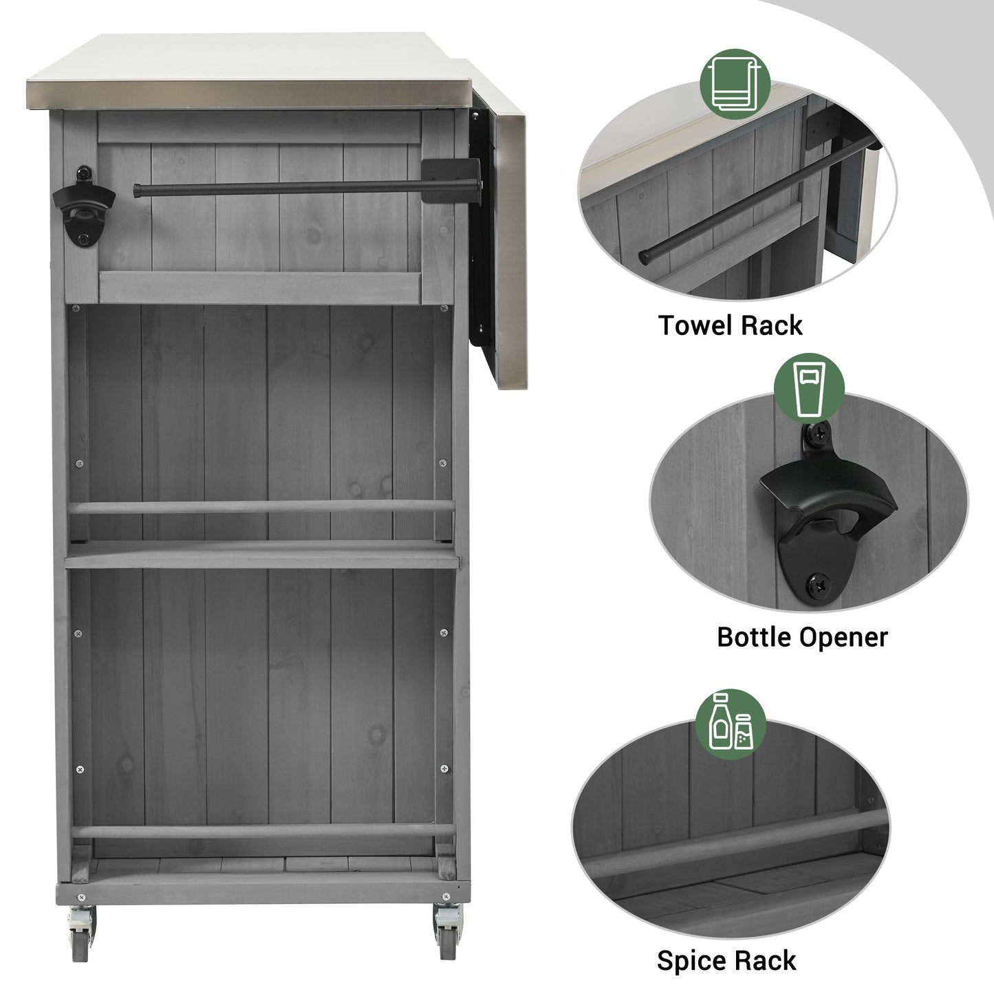 Outdoor Kitchen Island Fir Wood Kitchen Island with Stainless Steel Top, Ample Storage, Towel and Spice Racks, Bottle Opener, Grey