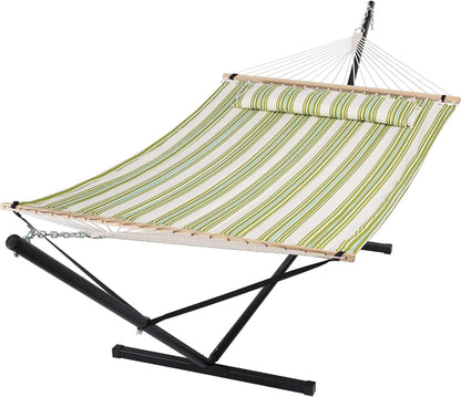 Double Outdoor Hammock with Stand and Heavy Duty Hammock Storage Bag, Extra Large Quilted Fabric Hammock Set