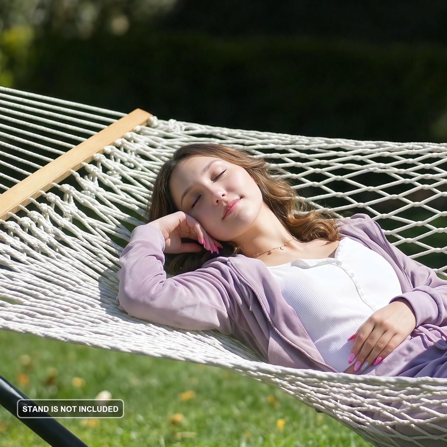 Rope Hammock Double Hammock with Hardwood Spreader Bar and Carrying Bag, 450 LBS Weight Capacity for Two Person, Natural