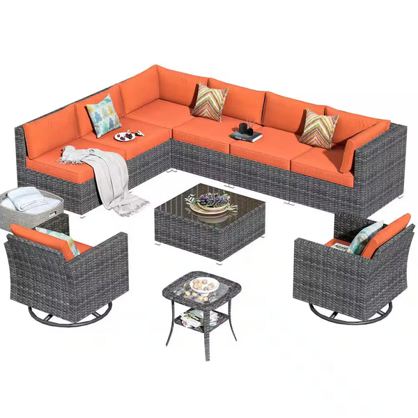 Messi Grey 10-Piece Wicker Patio Conversation Sofa Seating Set with Swivel Rocking Chairs and Orange Red Cushions