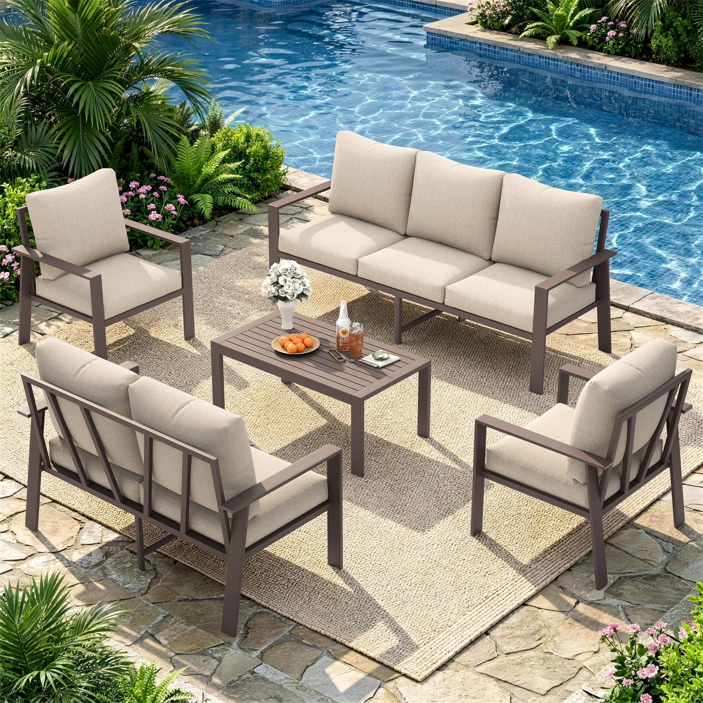 Aluminum Patio Furniture Set, Contemporary Outdoor Couch Set, Aluminum Patio Conversation Set, Beige