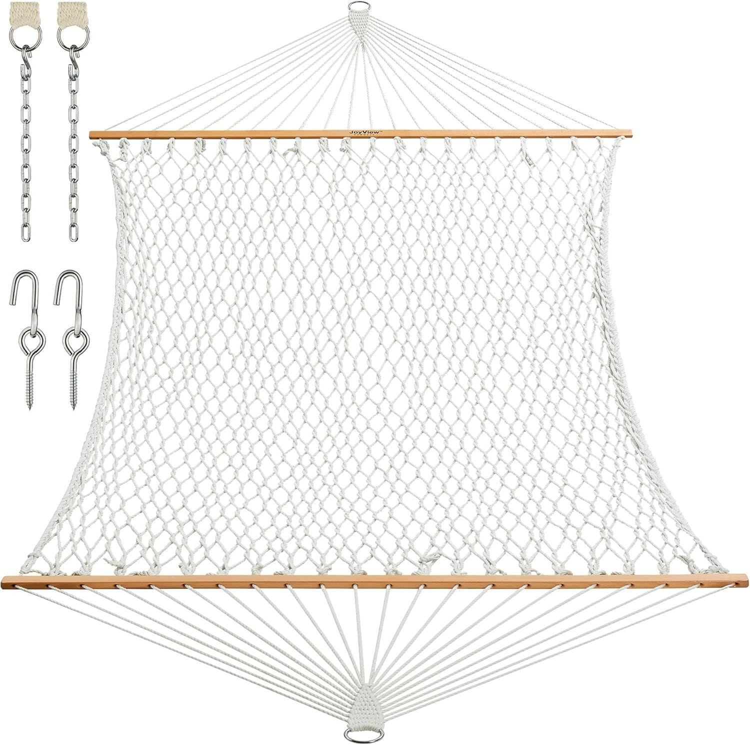 Traditional Rope Double Hammock - Hand Woven Polyester Hammock with Hardwood Spreader Bar 450Lb Capacity for Outdoor Indoor Patio Yard - White