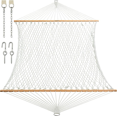 Traditional Rope Double Hammock - Hand Woven Polyester Hammock with Hardwood Spreader Bar 450Lb Capacity for Outdoor Indoor Patio Yard - White