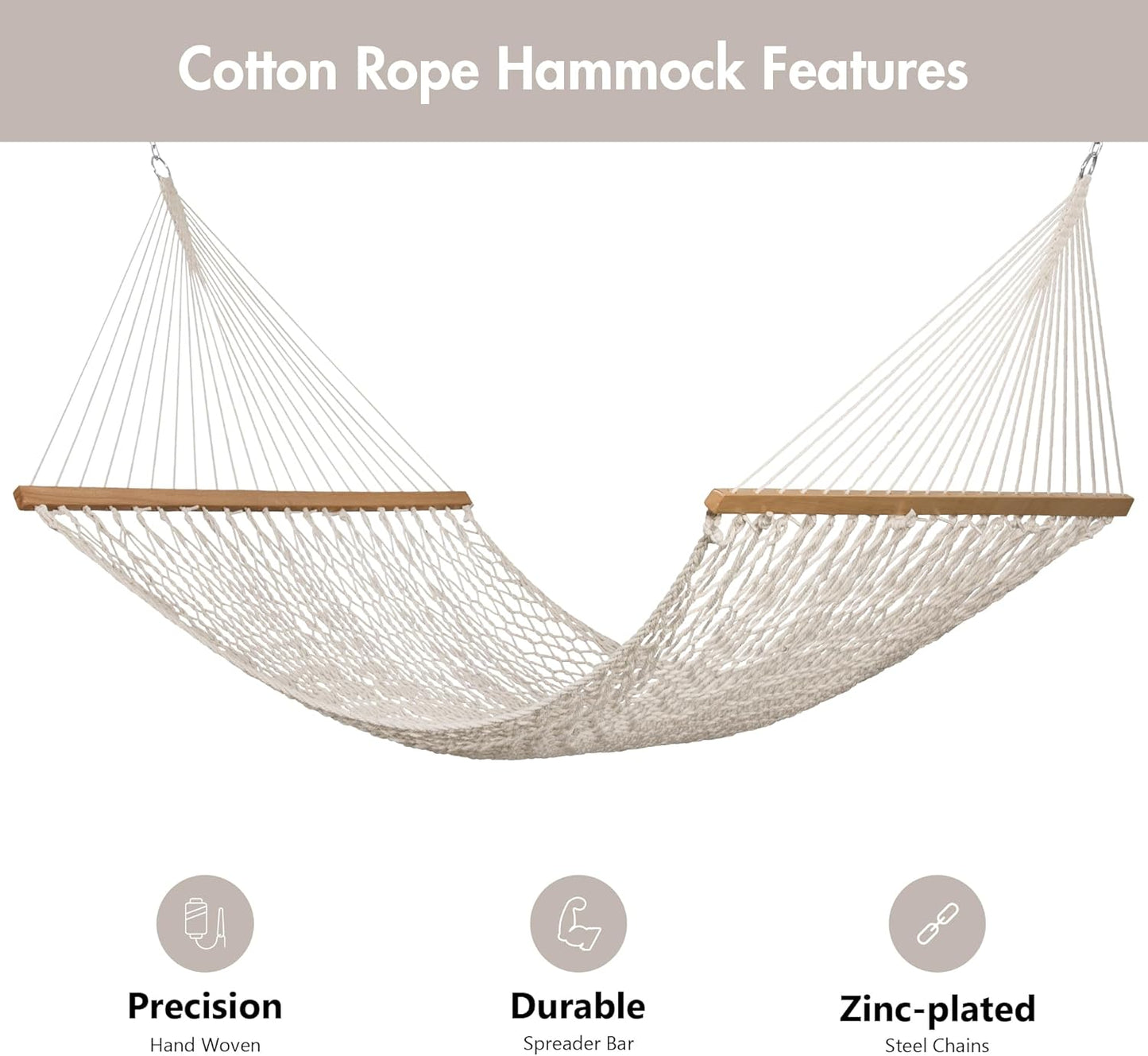 Rope Hammock Double Hammock with Hardwood Spreader Bar and Carrying Bag, 450 LBS Weight Capacity for Two Person, Natural