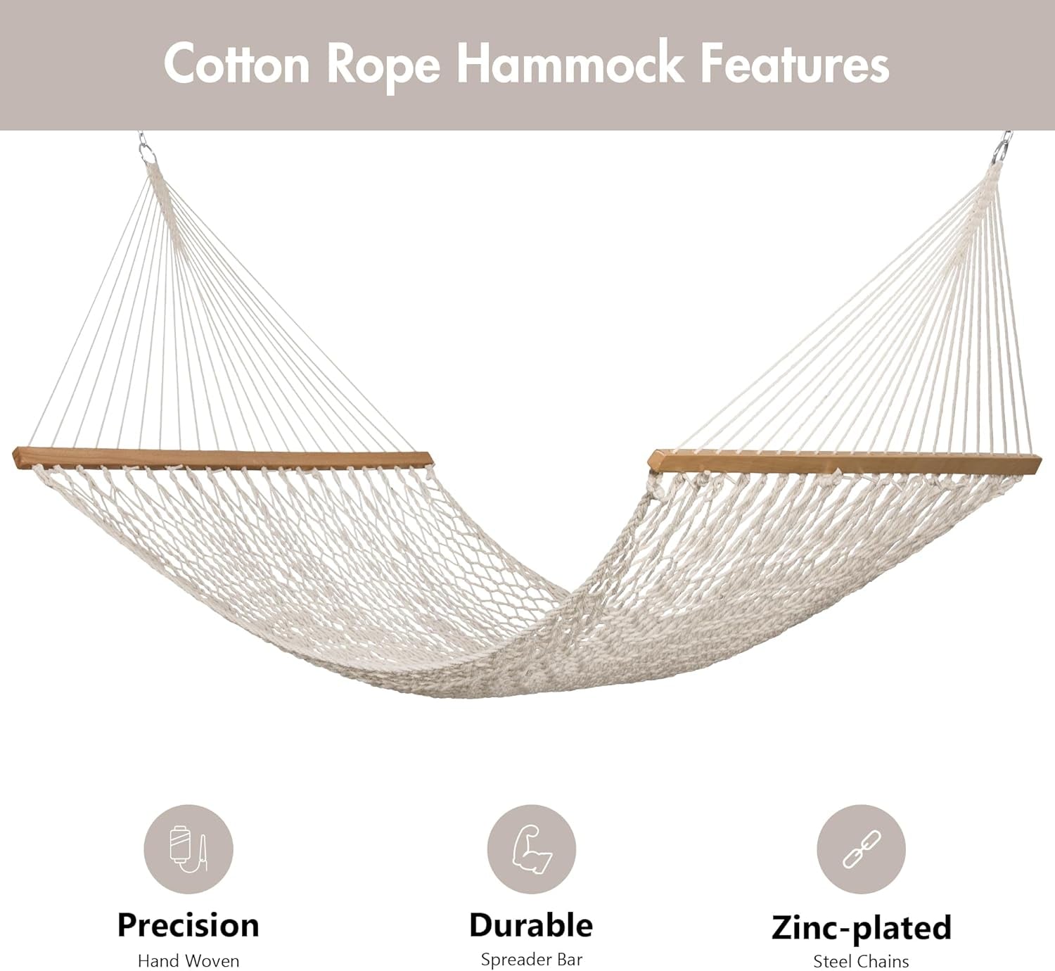 Rope Hammock Double Hammock with Hardwood Spreader Bar and Carrying Bag, 450 LBS Weight Capacity for Two Person, Natural