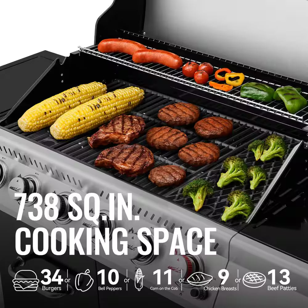 6-Burner BBQ Liquid Propane Gas Grill with Sear Burner and Side Burner, 74,000 BTU, Cabinet Style Grill in Black