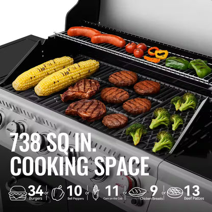 6-Burner BBQ Liquid Propane Gas Grill with Sear Burner and Side Burner, 74,000 BTU, Cabinet Style Grill in Black