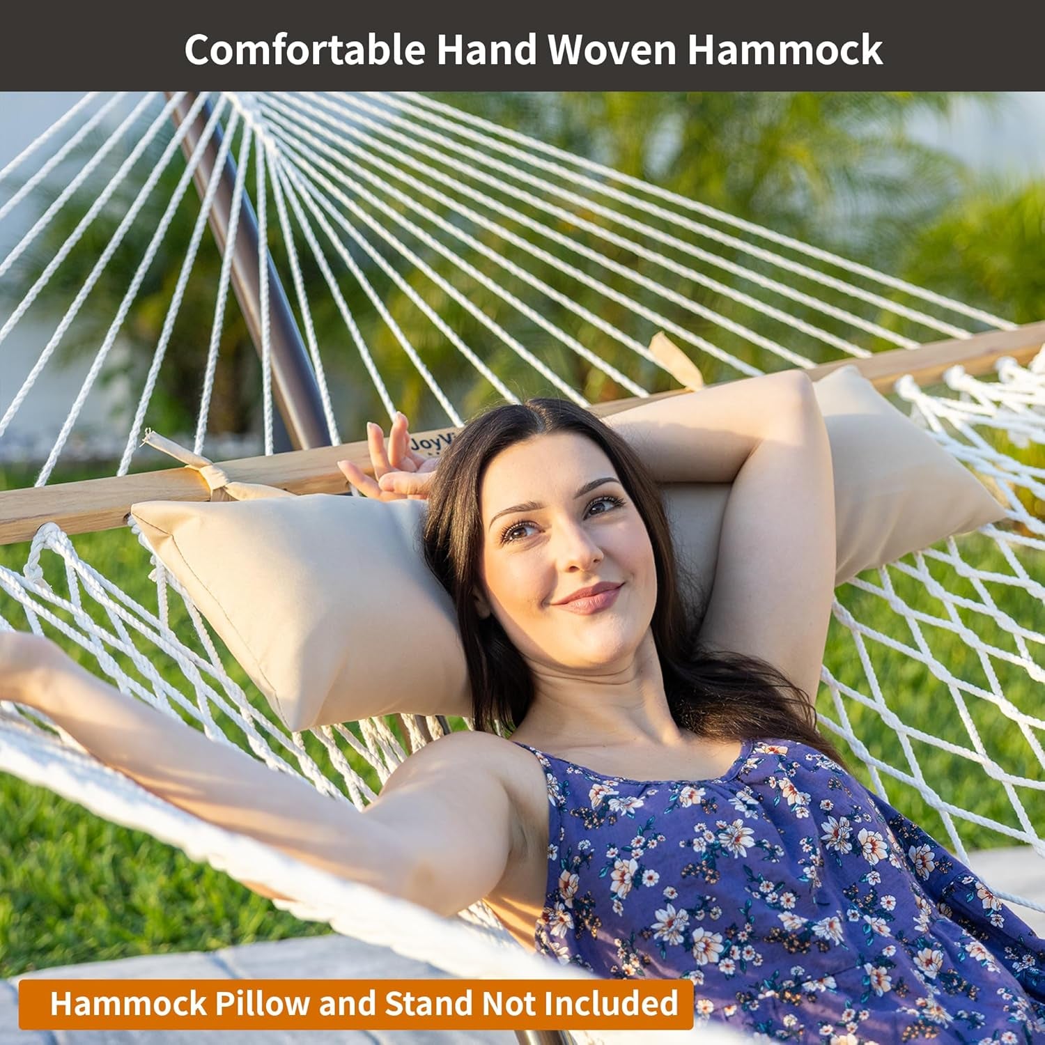 Traditional Rope Double Hammock - Hand Woven Polyester Hammock with Hardwood Spreader Bar 450Lb Capacity for Outdoor Indoor Patio Yard - White